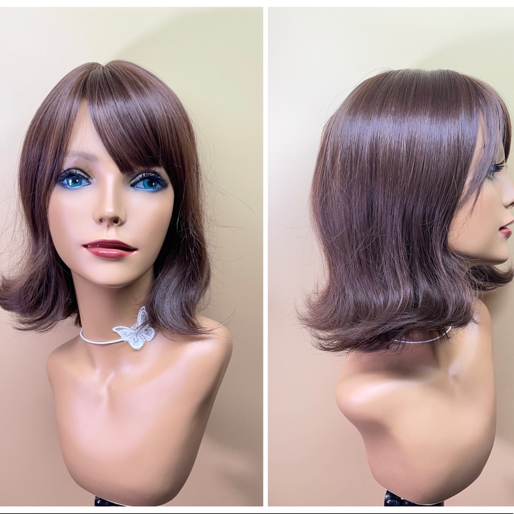 15” shoulder-length brown bangs curly short synthetic wig